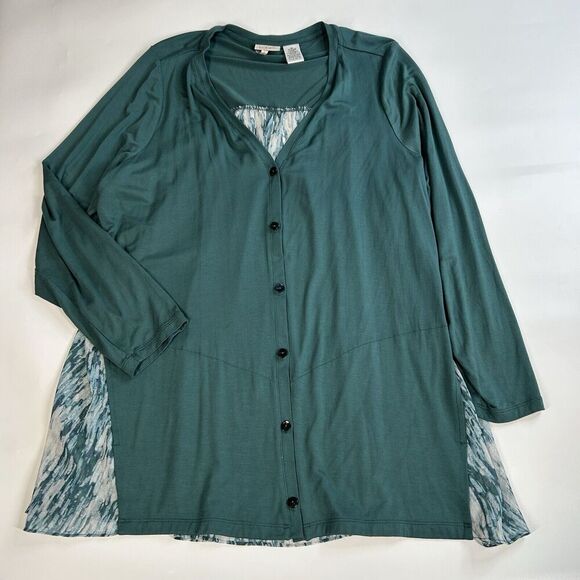 LOGO by Lori Goldstein Knit Cardigan Top Womens 1X Turquoise Chiffon Button Up - Picture 1 of 7